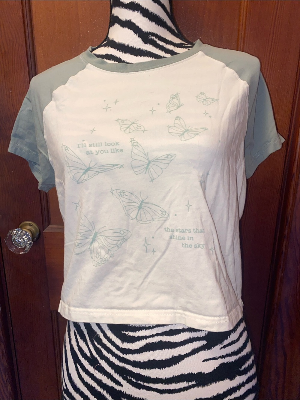 Taylor Swift White and Sage Butterfly Graphic Raglan Tee